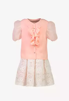 Organza Ruffle Blouse and Pleated Lace Skirt Set