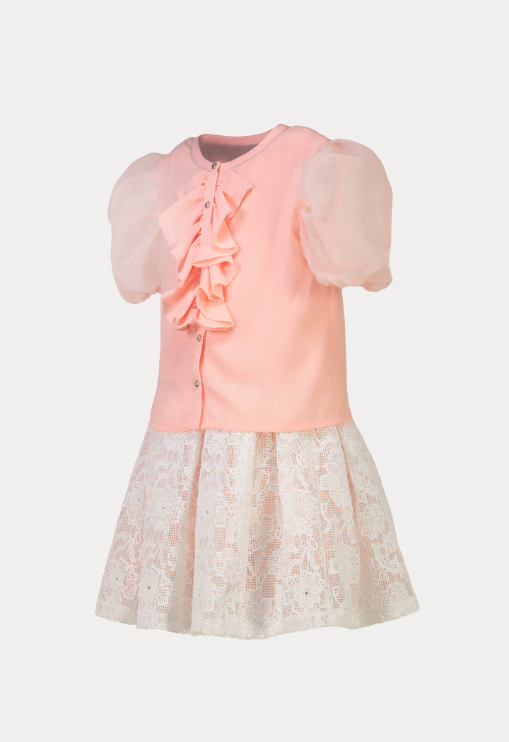 Organza Ruffle Blouse and Pleated Lace Skirt Set