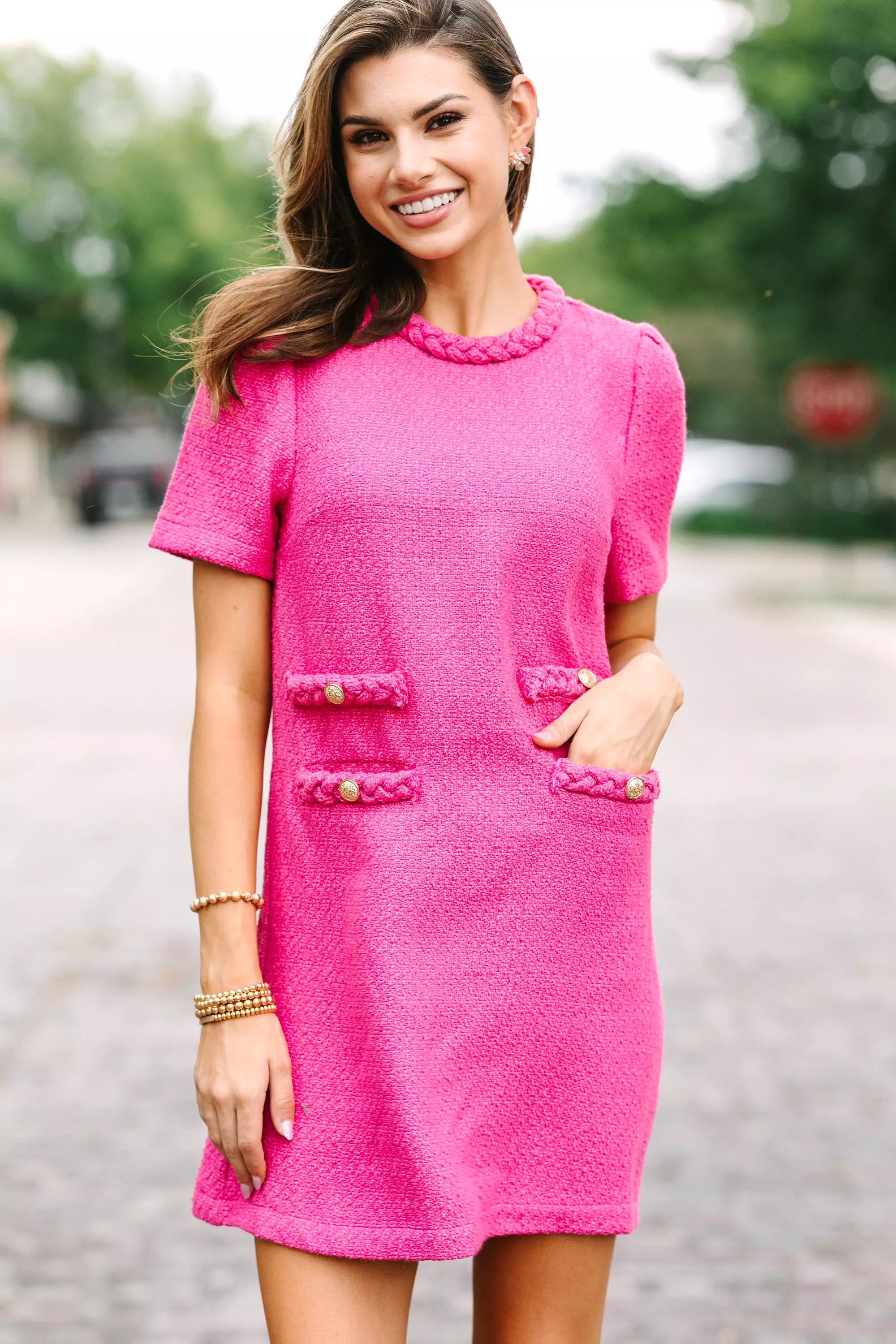 Out Pink Tweed Shift Dress