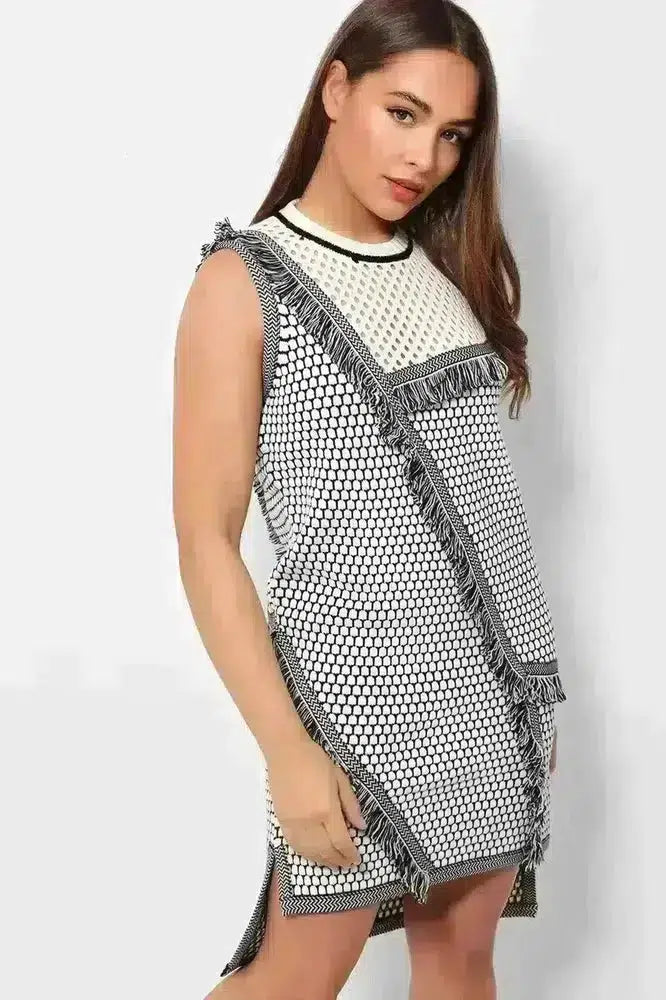 Perforated Fringed Knit Black and White Shift Dress