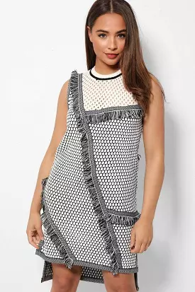 Perforated Fringed Knit Black and White Shift Dress