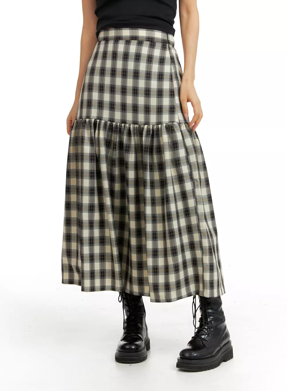 Plaid Flare Maxi Skirt - IM404