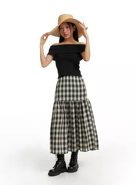 Plaid Flare Maxi Skirt - IM404