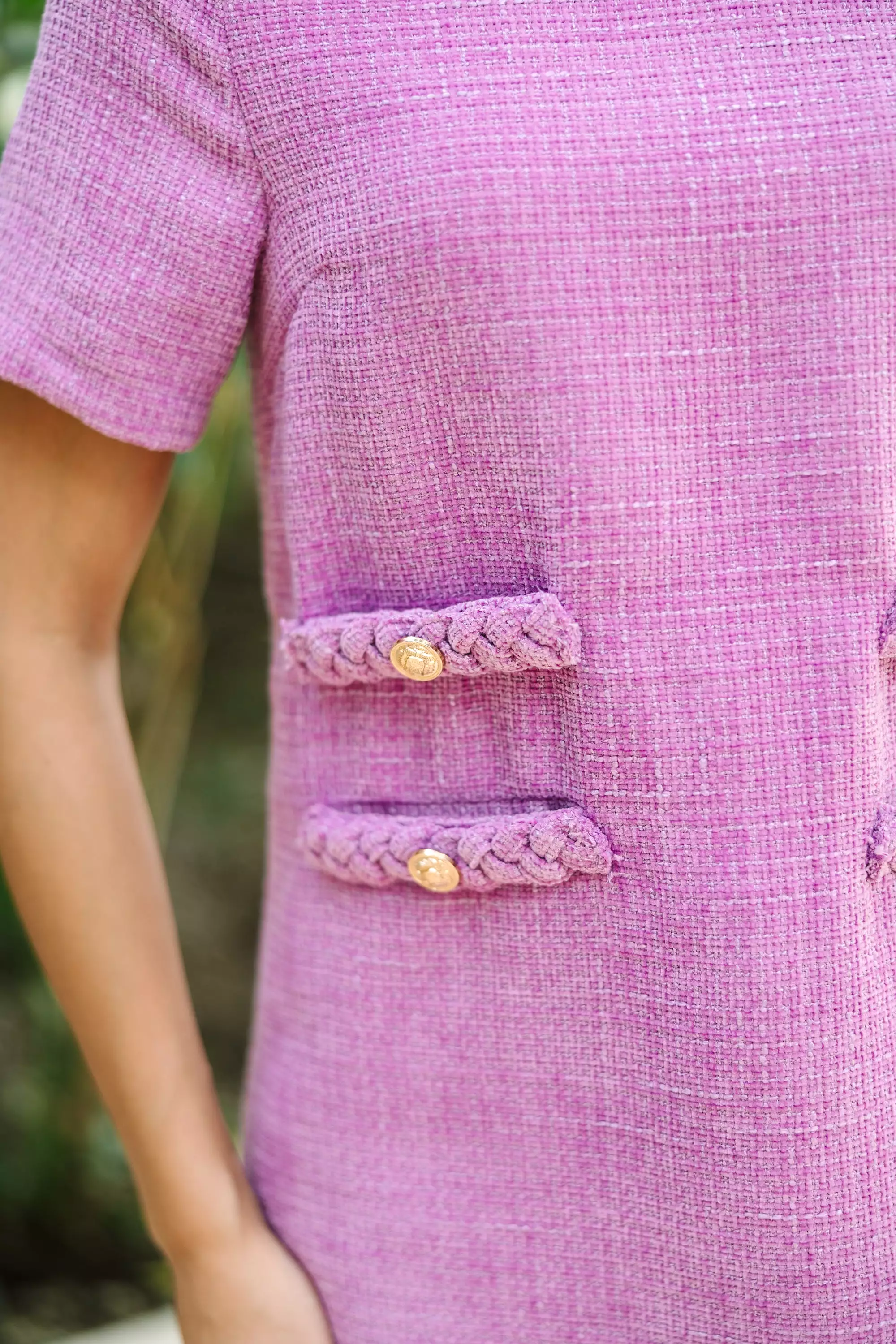 Purple Tweed Shift Dress for Asking Out in Lavender