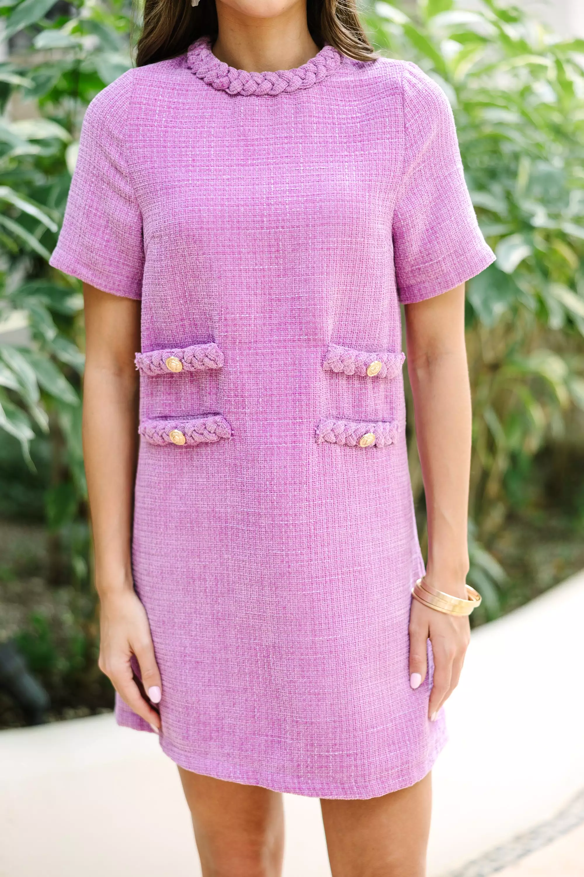 Purple Tweed Shift Dress for Asking Out in Lavender