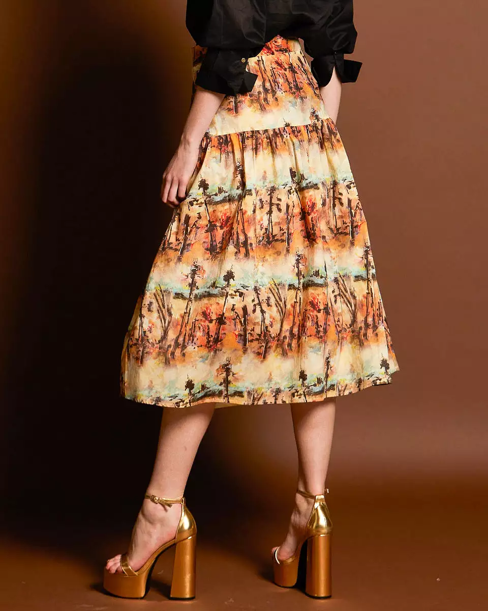 Retro Patterned Mid-Length Skirt