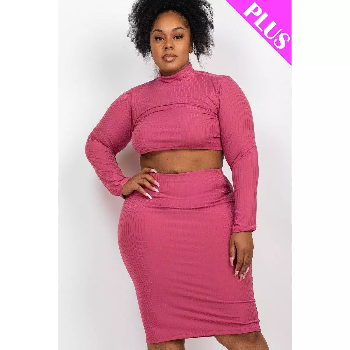 Ribbed Mock Neck Crop Top and Midi Skirt Set - Plus Size