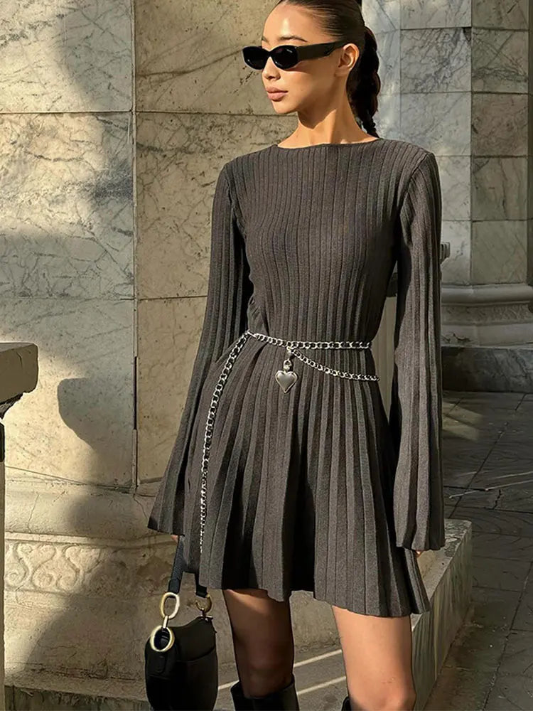 Ribbed Pleated Midi Knit Dress Women Autumn Long Sleeve High Waist O Neck Dresses