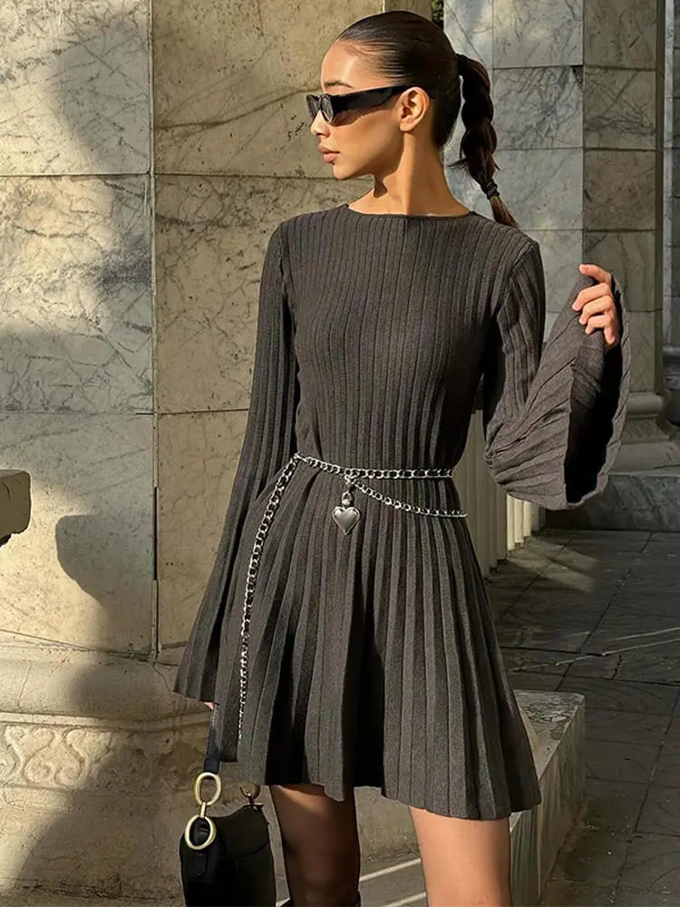 Ribbed Pleated Midi Knit Dress Women Autumn Long Sleeve High Waist O Neck Dresses