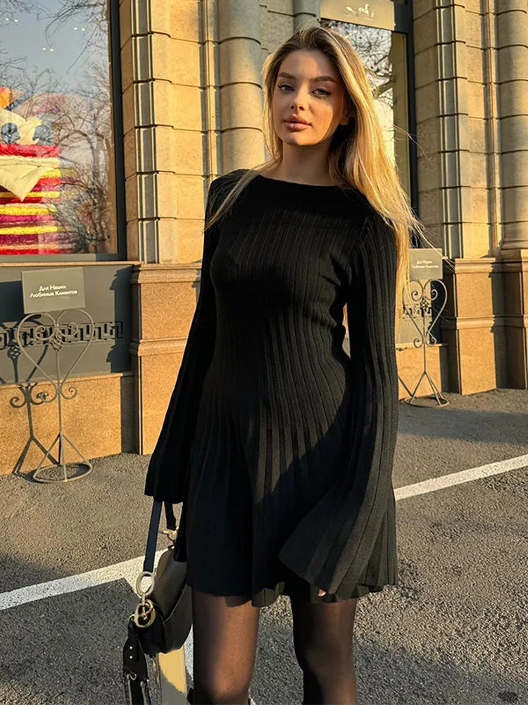 Ribbed Pleated Midi Knit Dress Women Autumn Long Sleeve High Waist O Neck Dresses