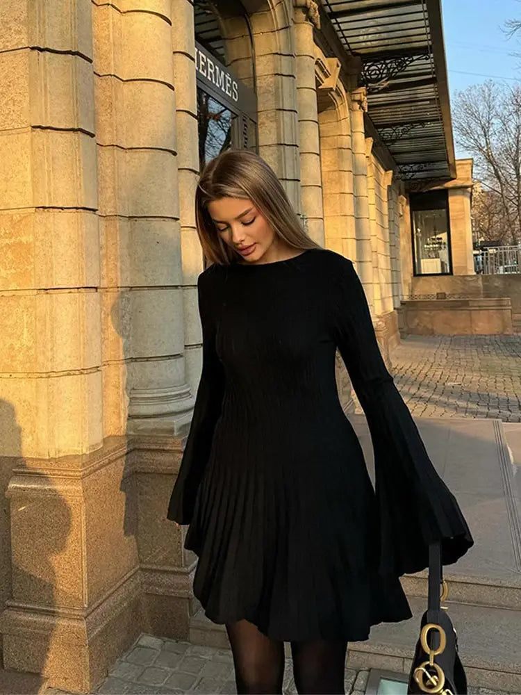 Ribbed Pleated Midi Knit Dress Women Autumn Long Sleeve High Waist O Neck Dresses