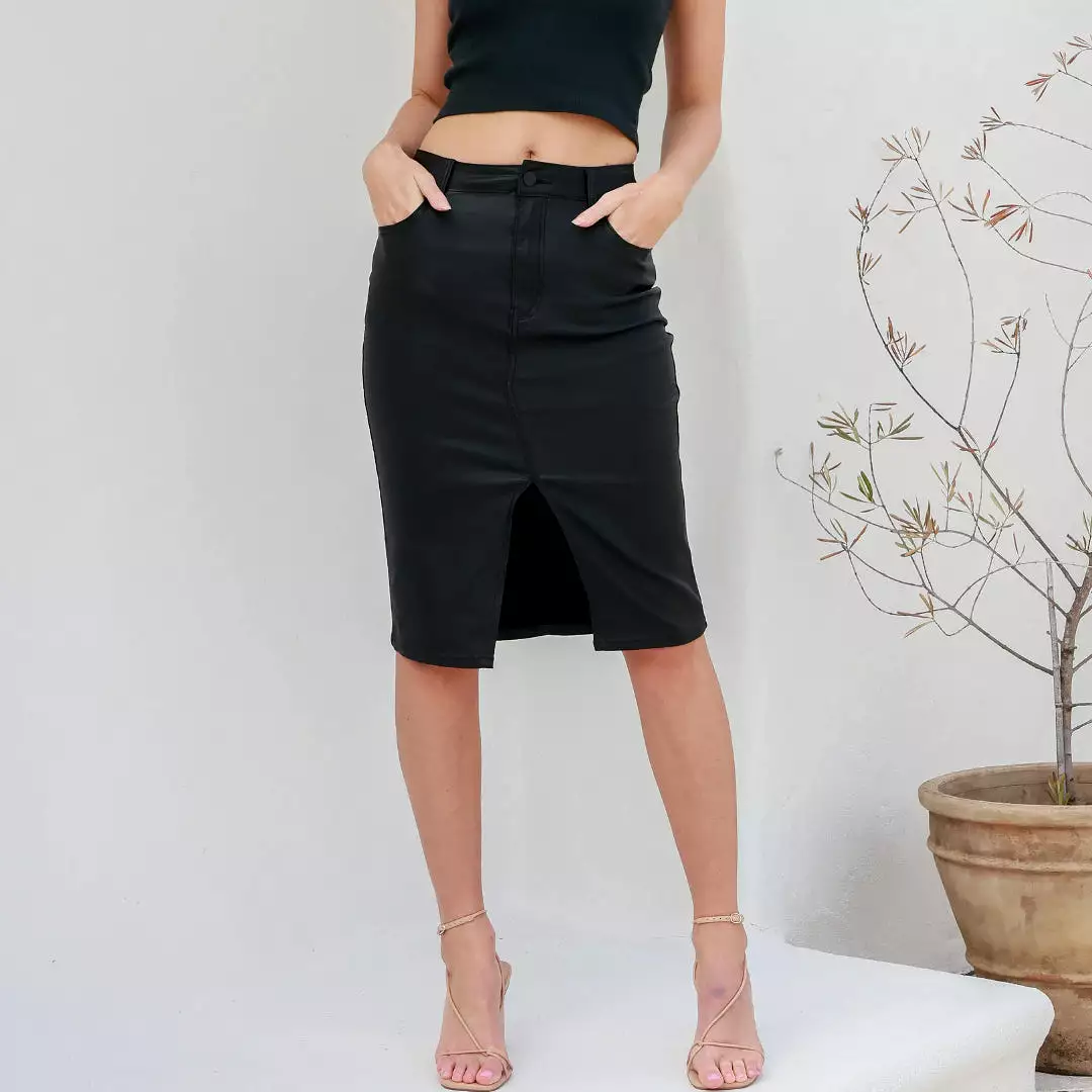 Rissie Black Wax Denim Midi Skirt