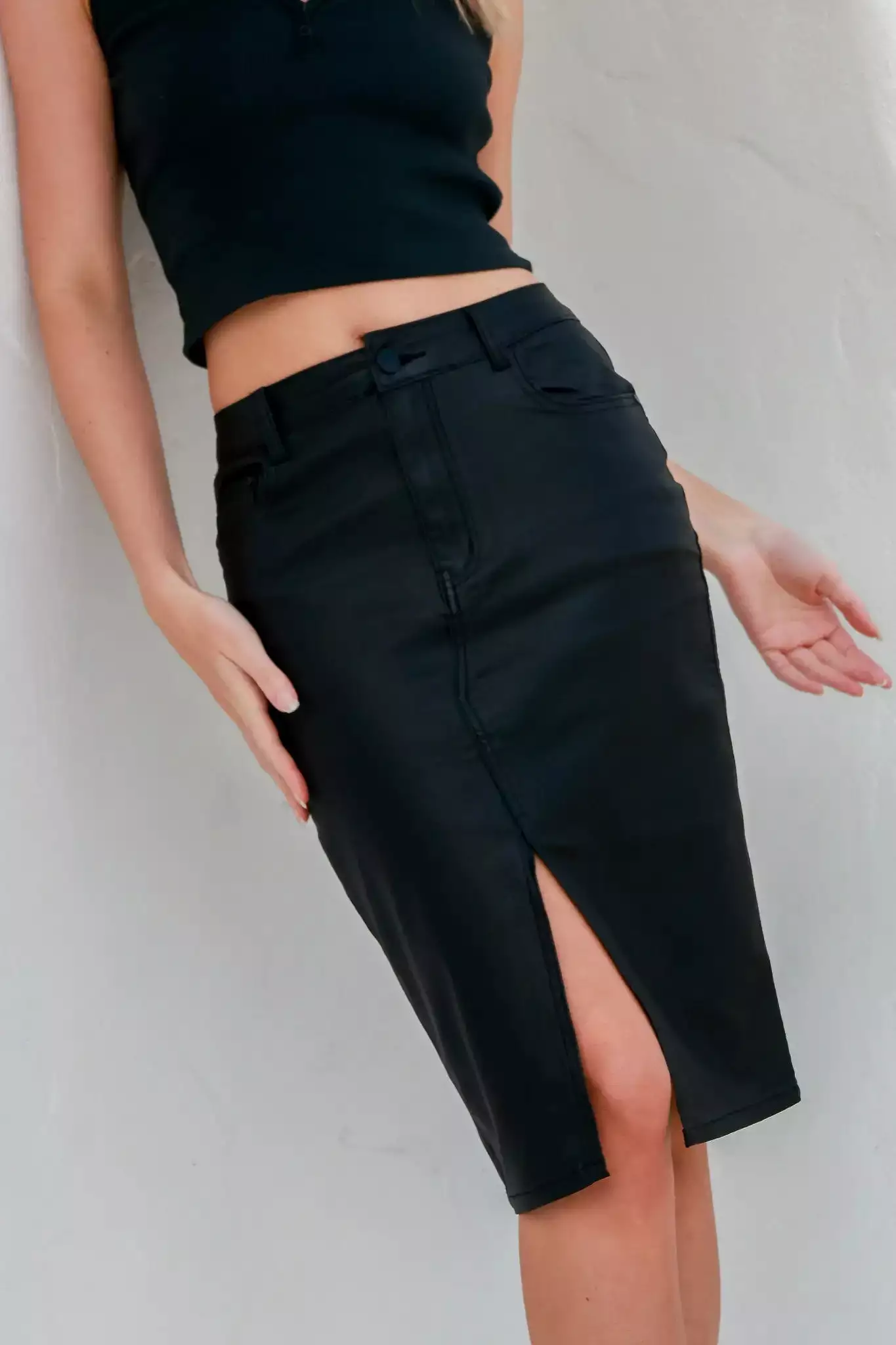 Rissie Black Wax Denim Midi Skirt