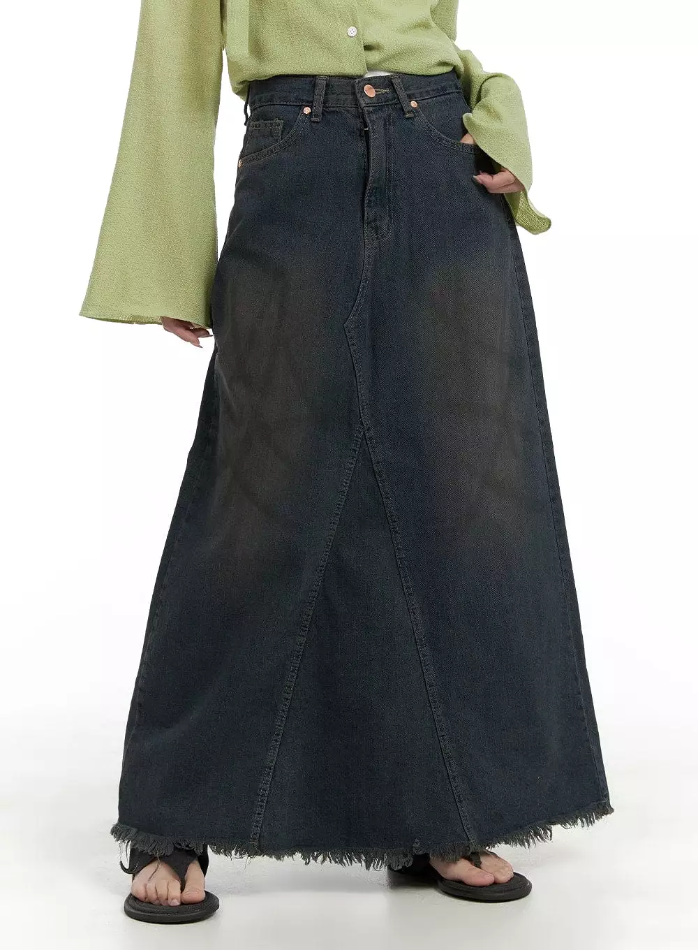 Rugged Vintage Denim Maxi Skirt with Raw Hem in CA403