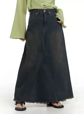 Rugged Vintage Denim Maxi Skirt with Raw Hem in CA403