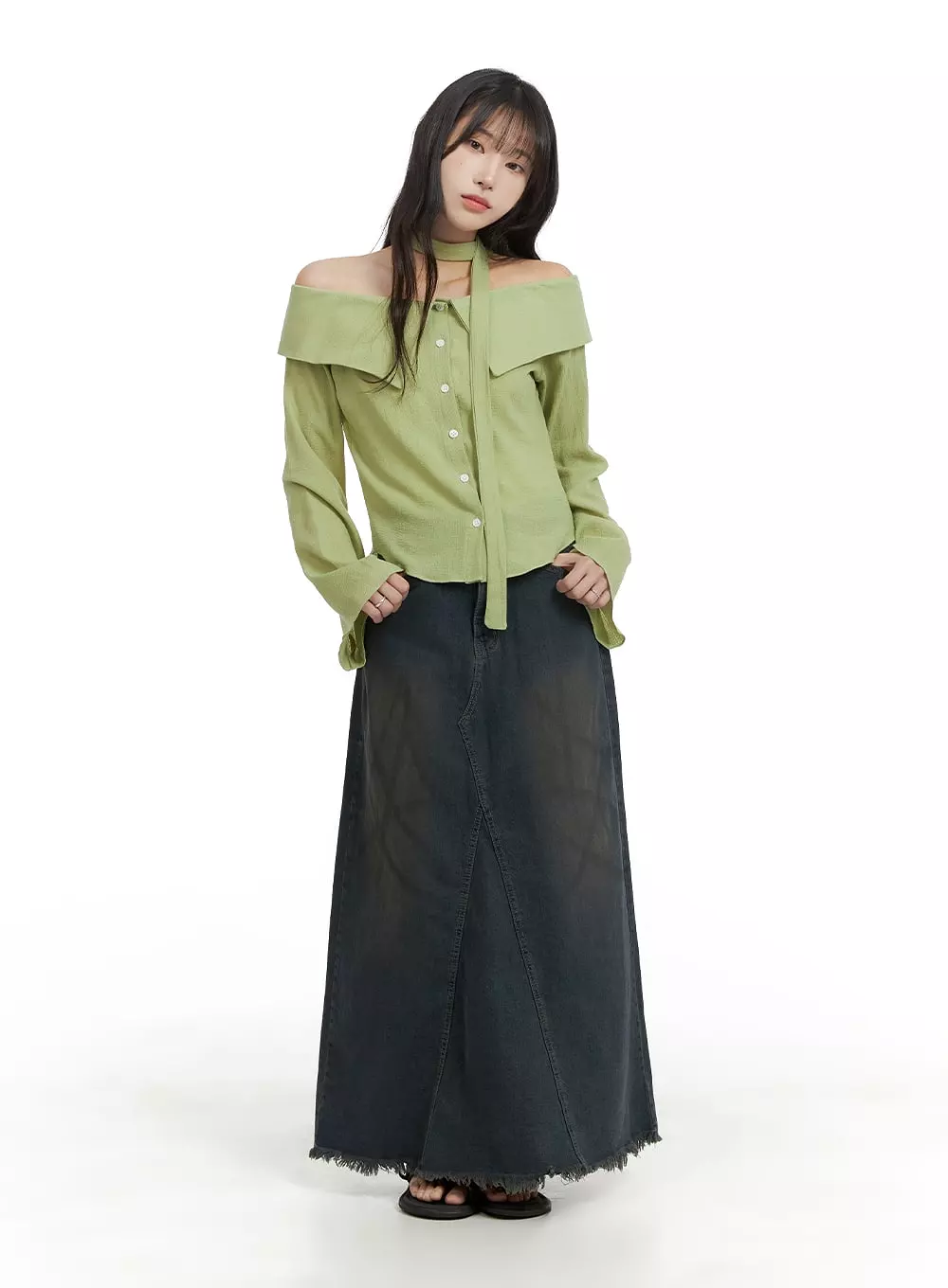 Rugged Vintage Denim Maxi Skirt with Raw Hem in CA403