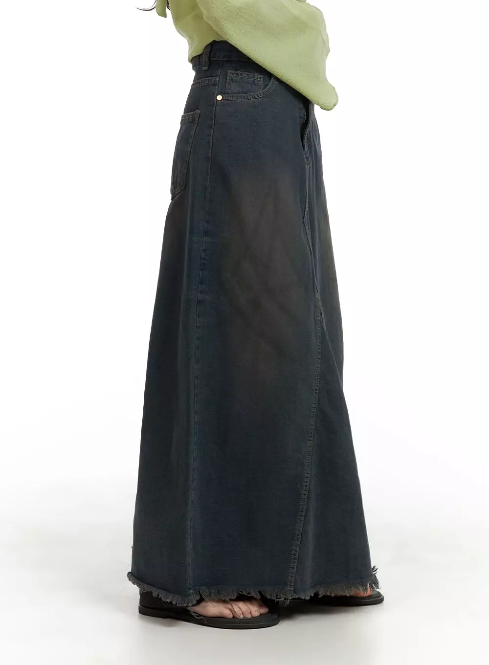 Rugged Vintage Denim Maxi Skirt with Raw Hem in CA403