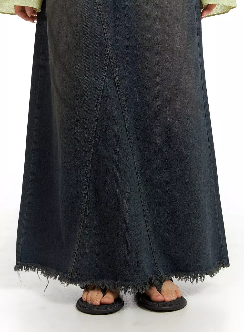 Rugged Vintage Denim Maxi Skirt with Raw Hem in CA403