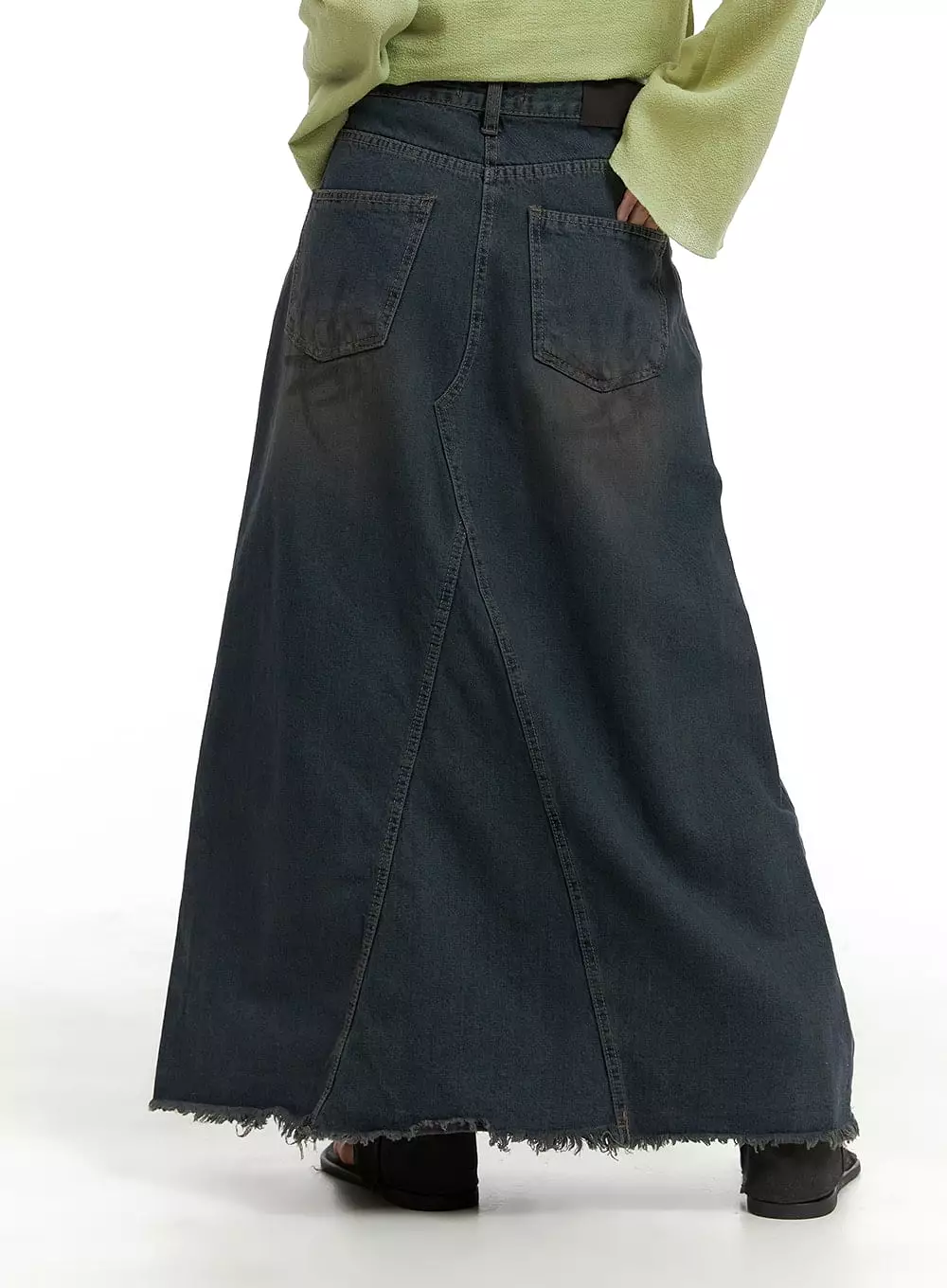 Rugged Vintage Denim Maxi Skirt with Raw Hem in CA403