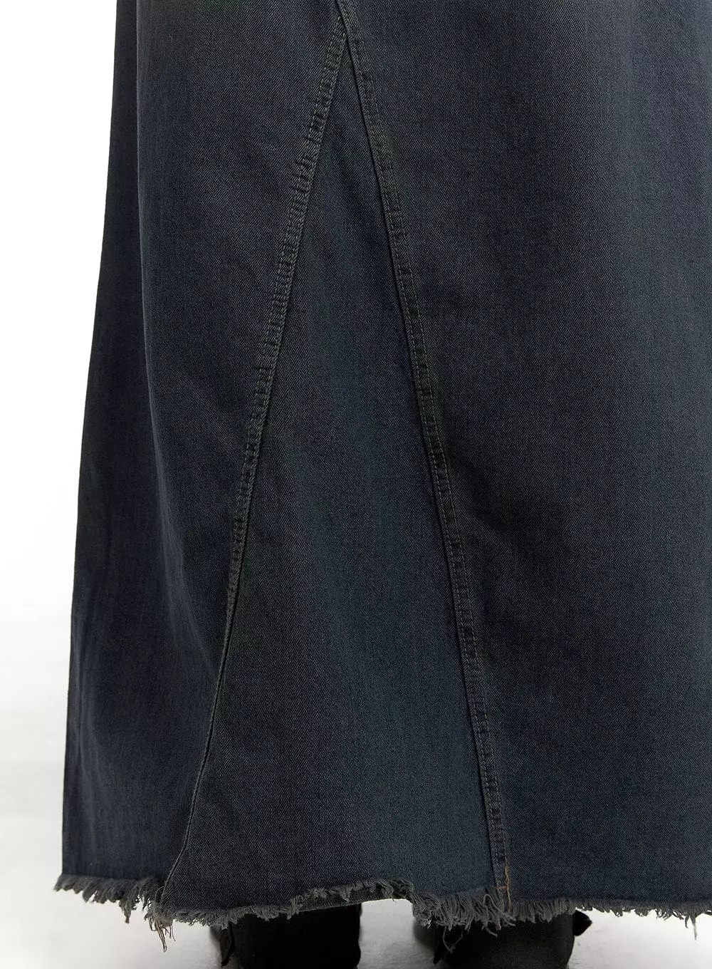 Rugged Vintage Denim Maxi Skirt with Raw Hem in CA403