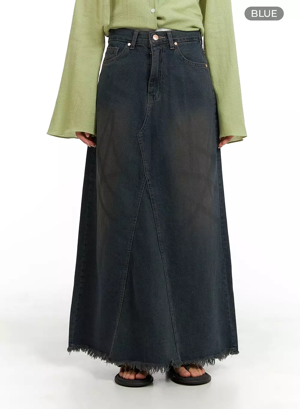 Rugged Vintage Denim Maxi Skirt with Raw Hem in CA403