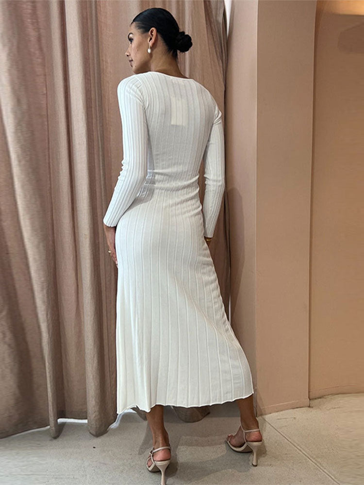 Sexy Tight Knit Dress for Women - Hollow Long Sleeve Slit Dresses - Female Holiday Casual Medium Length Fashion - Solid Ladies V