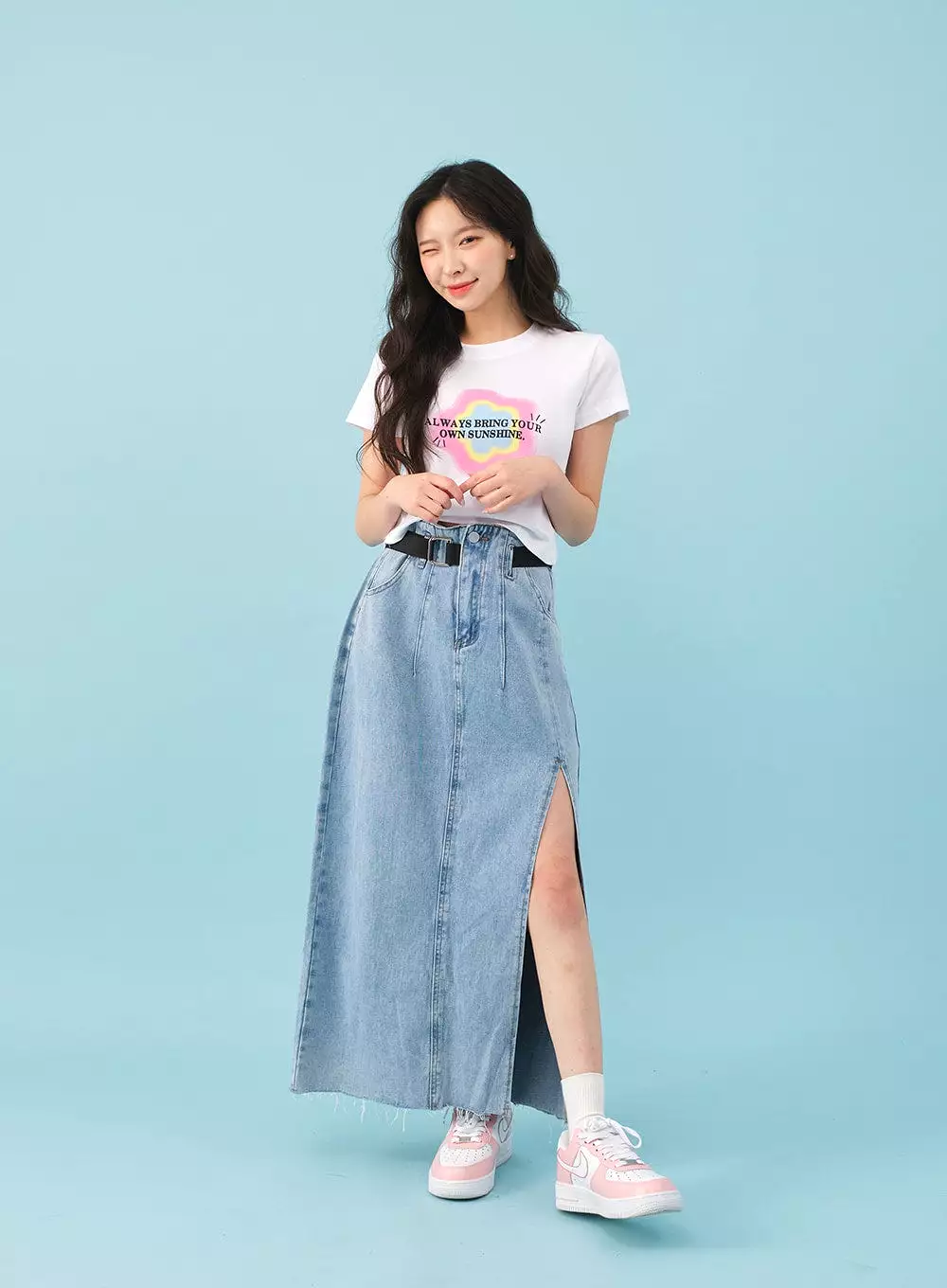 Side Slit Denim Maxi Skirt with Belt - BJ08