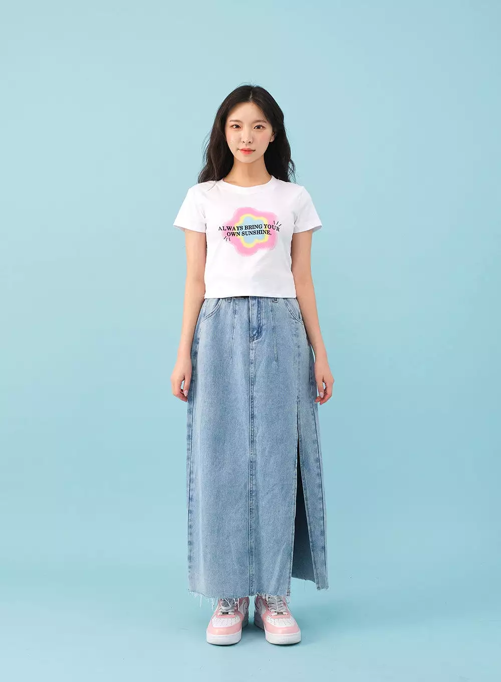 Side Slit Denim Maxi Skirt with Belt - BJ08