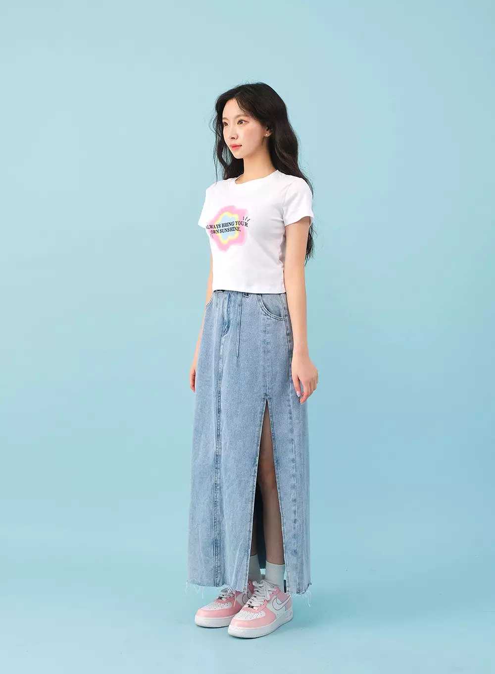 Side Slit Denim Maxi Skirt with Belt - BJ08