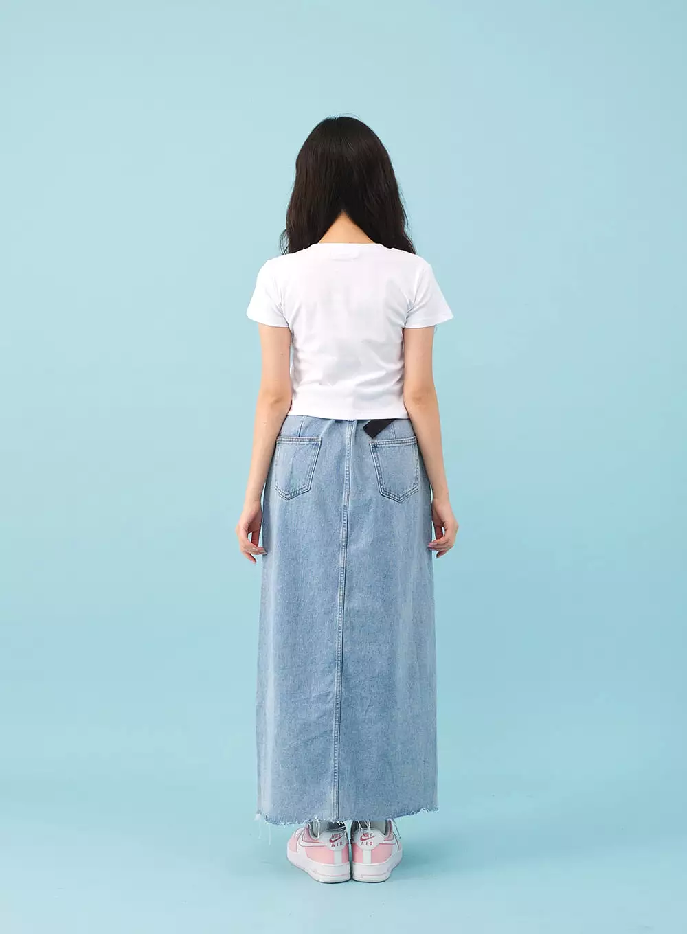 Side Slit Denim Maxi Skirt with Belt - BJ08