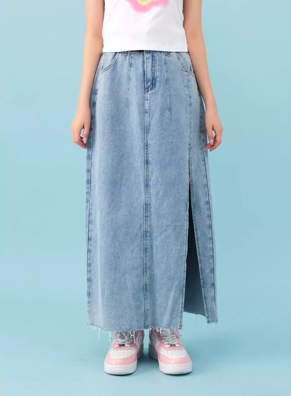 Side Slit Denim Maxi Skirt with Belt - BJ08