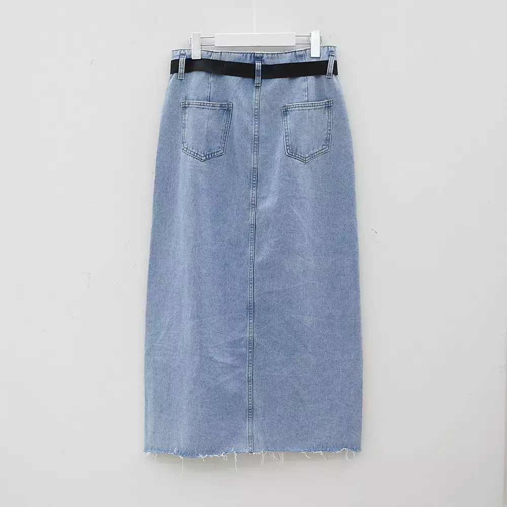 Side Slit Denim Maxi Skirt with Belt - BJ08