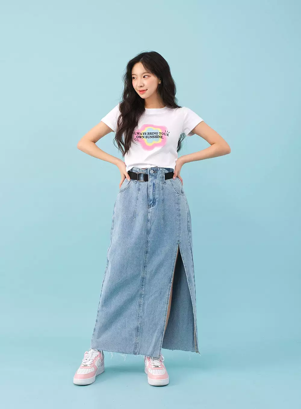 Side Slit Denim Maxi Skirt with Belt - BJ08