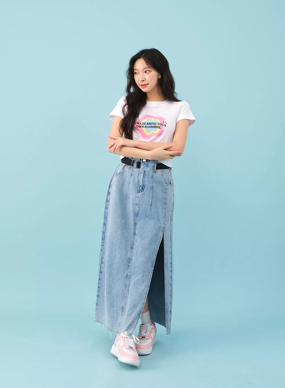 Side Slit Denim Maxi Skirt with Belt - BJ08