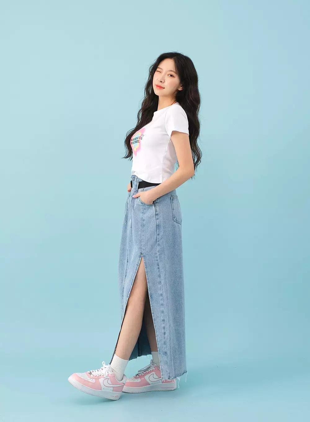 Side Slit Denim Maxi Skirt with Belt - BJ08