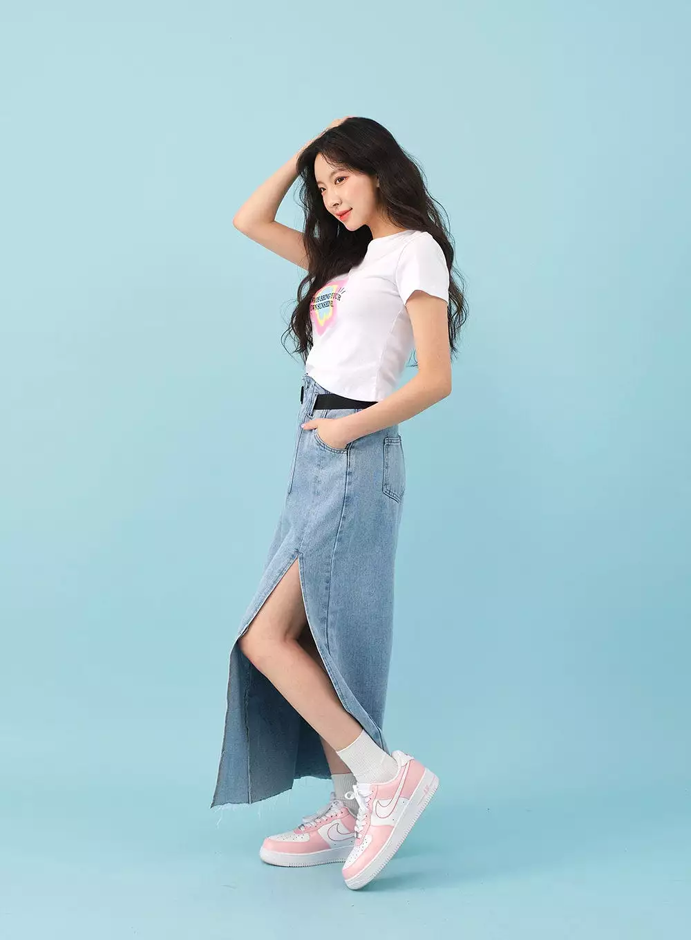 Side Slit Denim Maxi Skirt with Belt - BJ08