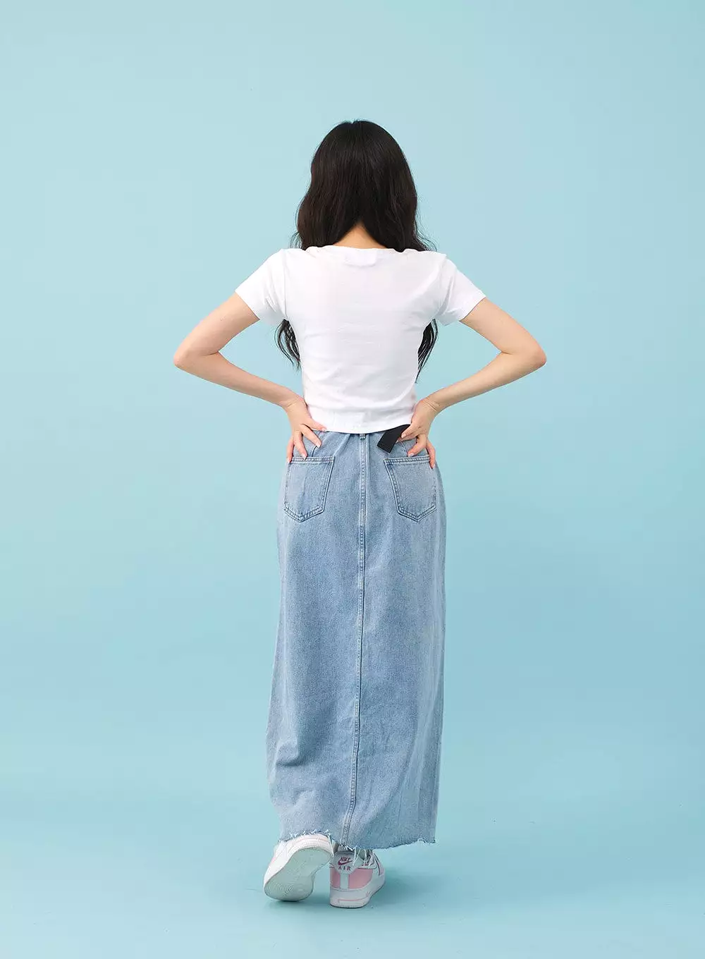 Side Slit Denim Maxi Skirt with Belt - BJ08