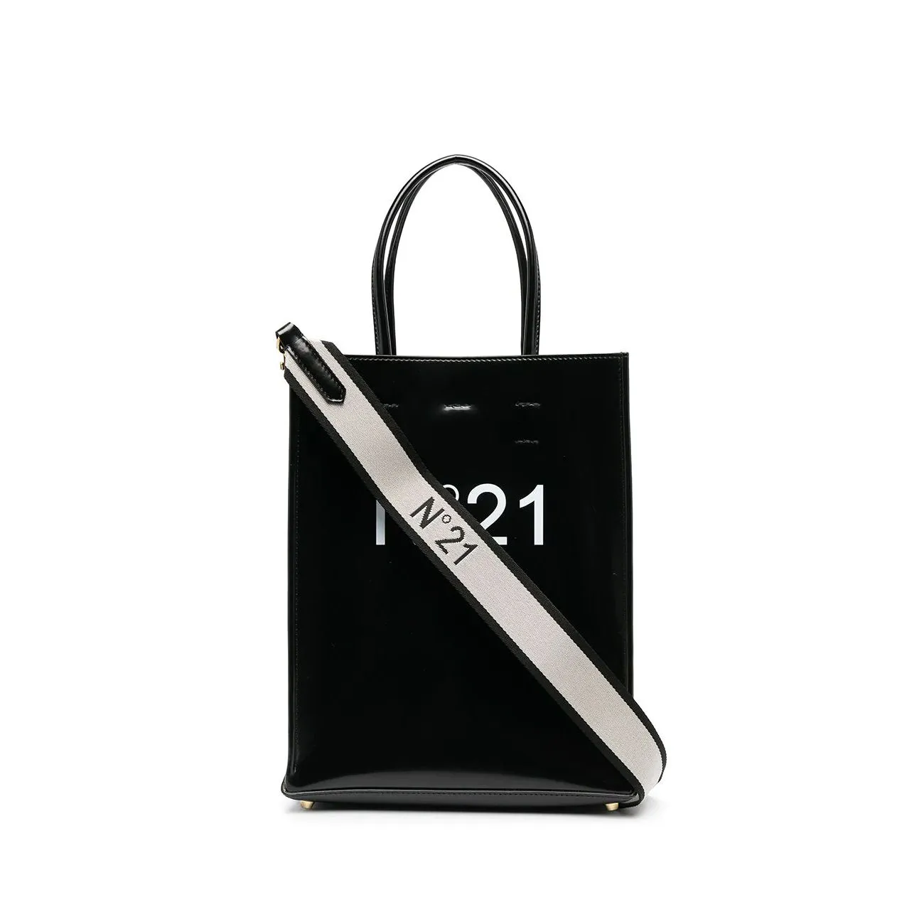 Small black faux leather shopping bag with logo for women