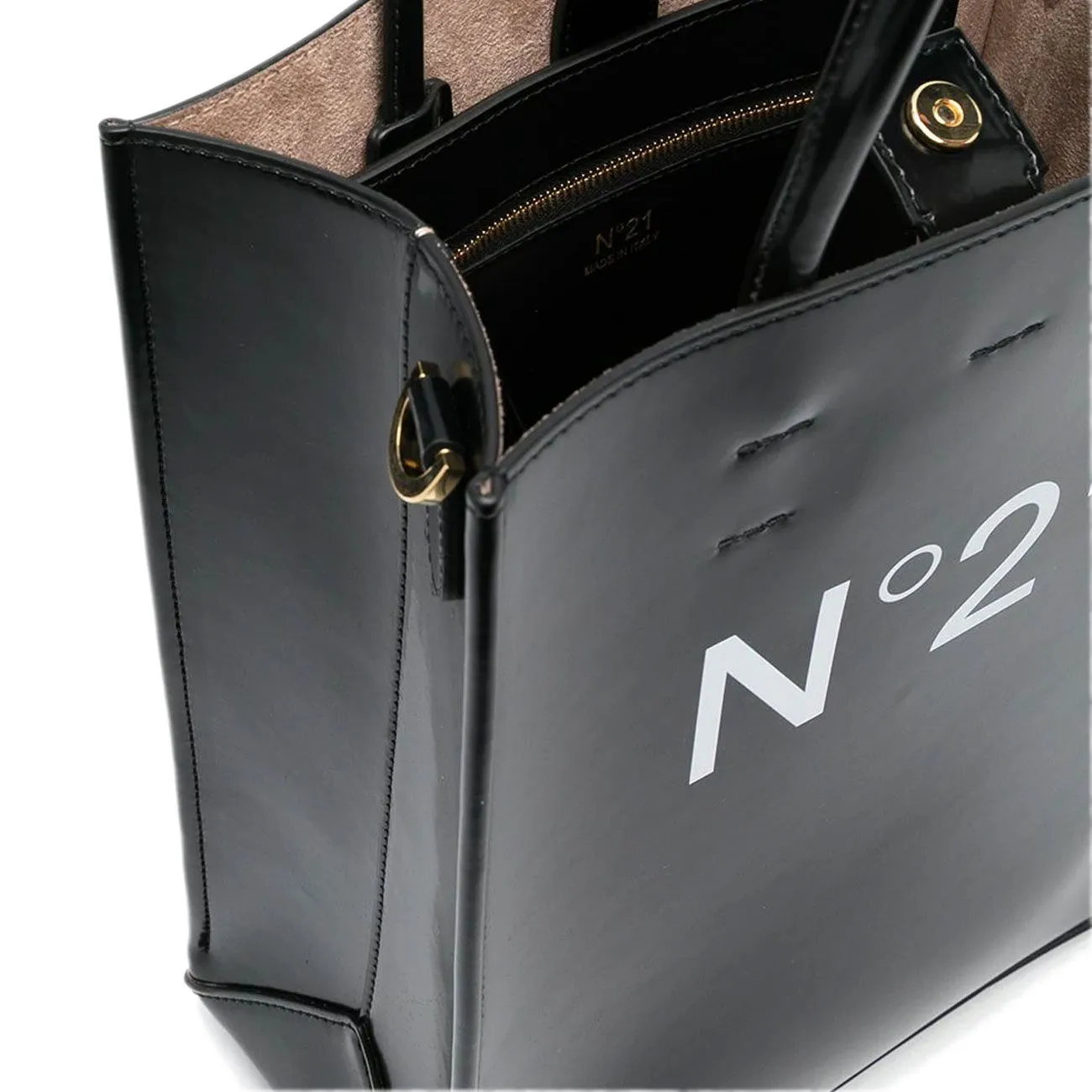 Small black faux leather shopping bag with logo for women