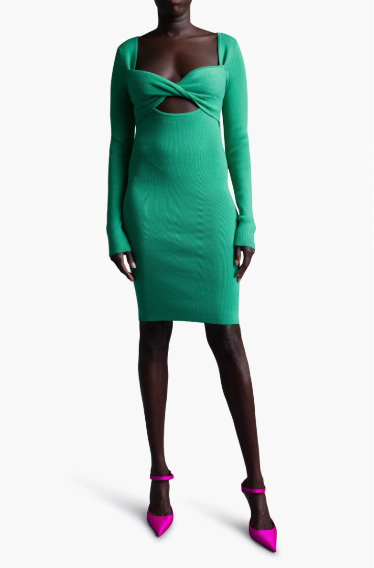 Superbe Retrograde Twist Front Long Sleeve Knit Dress Emerald