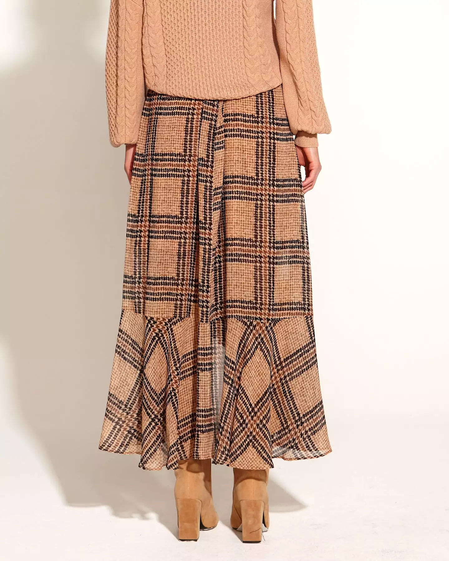 Tan Houndstooth Check Side Split Sheer Lined Midi Skirt by Fate + Becker - Something Beautiful Collection