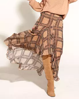 Tan Houndstooth Check Side Split Sheer Lined Midi Skirt by Fate + Becker - Something Beautiful Collection