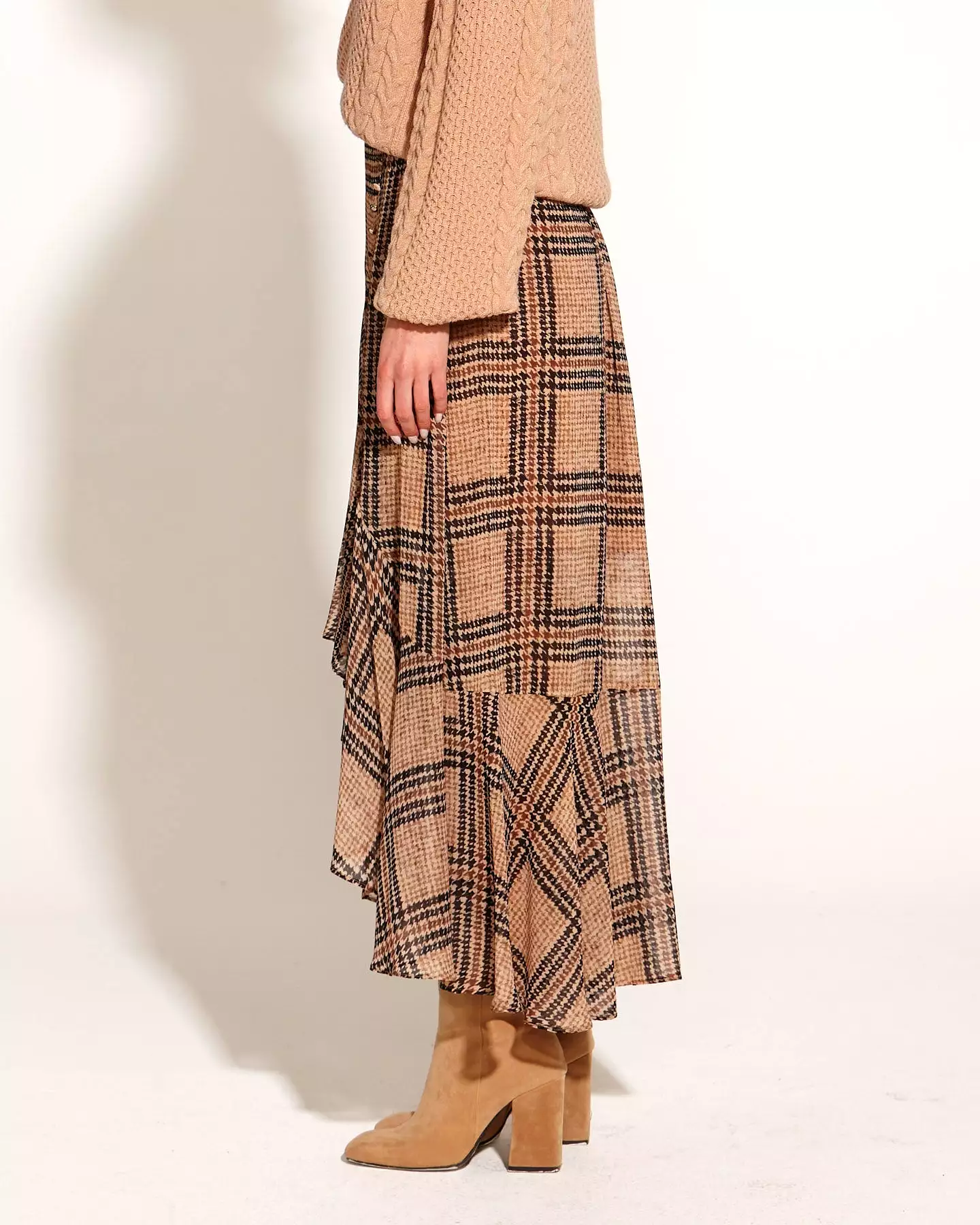 Tan Houndstooth Check Side Split Sheer Lined Midi Skirt by Fate + Becker - Something Beautiful Collection