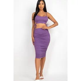 Tie Side Crop Top and Ruched Midi Skirt Set