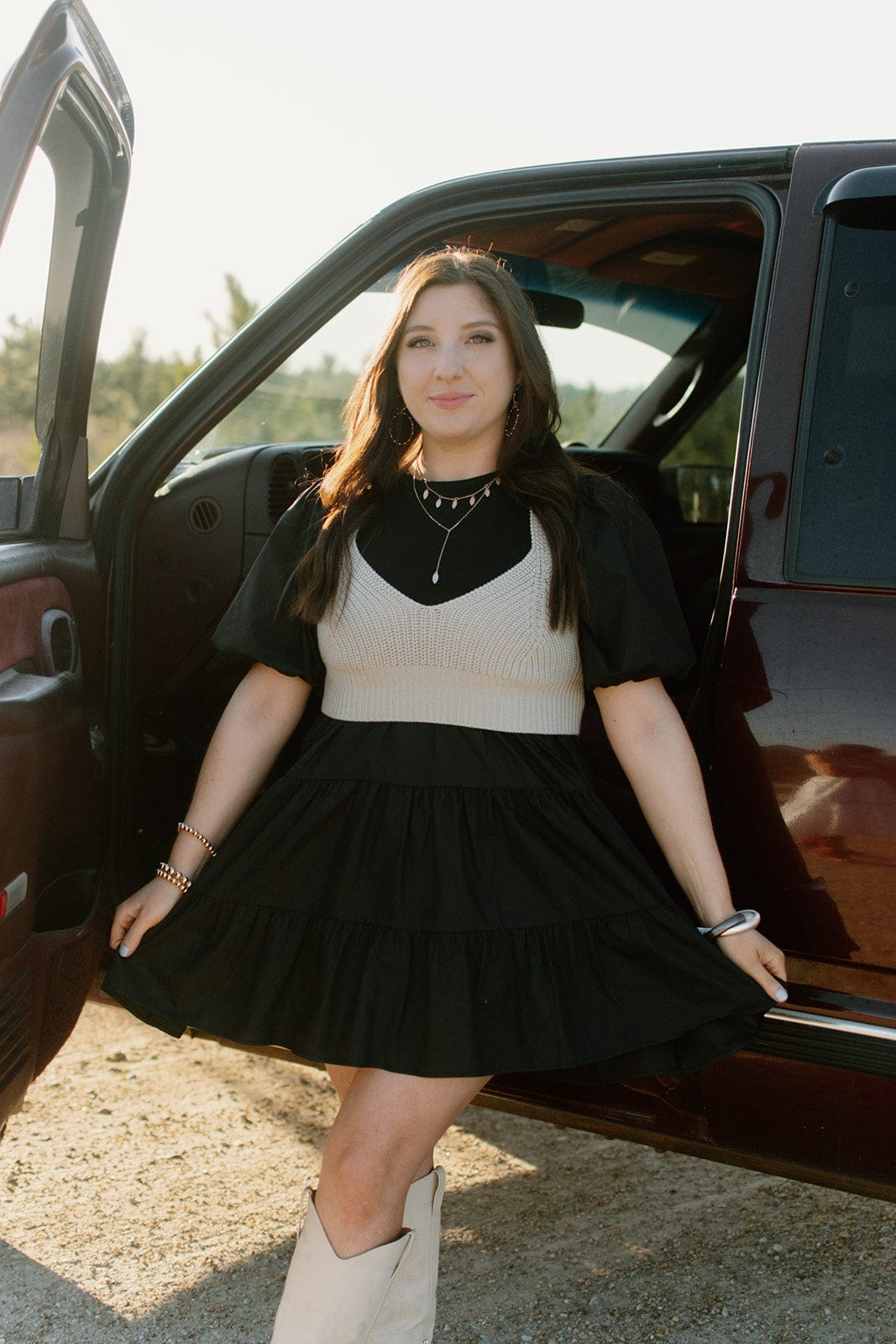 Tiered Mini Dress with Black Knit Detail