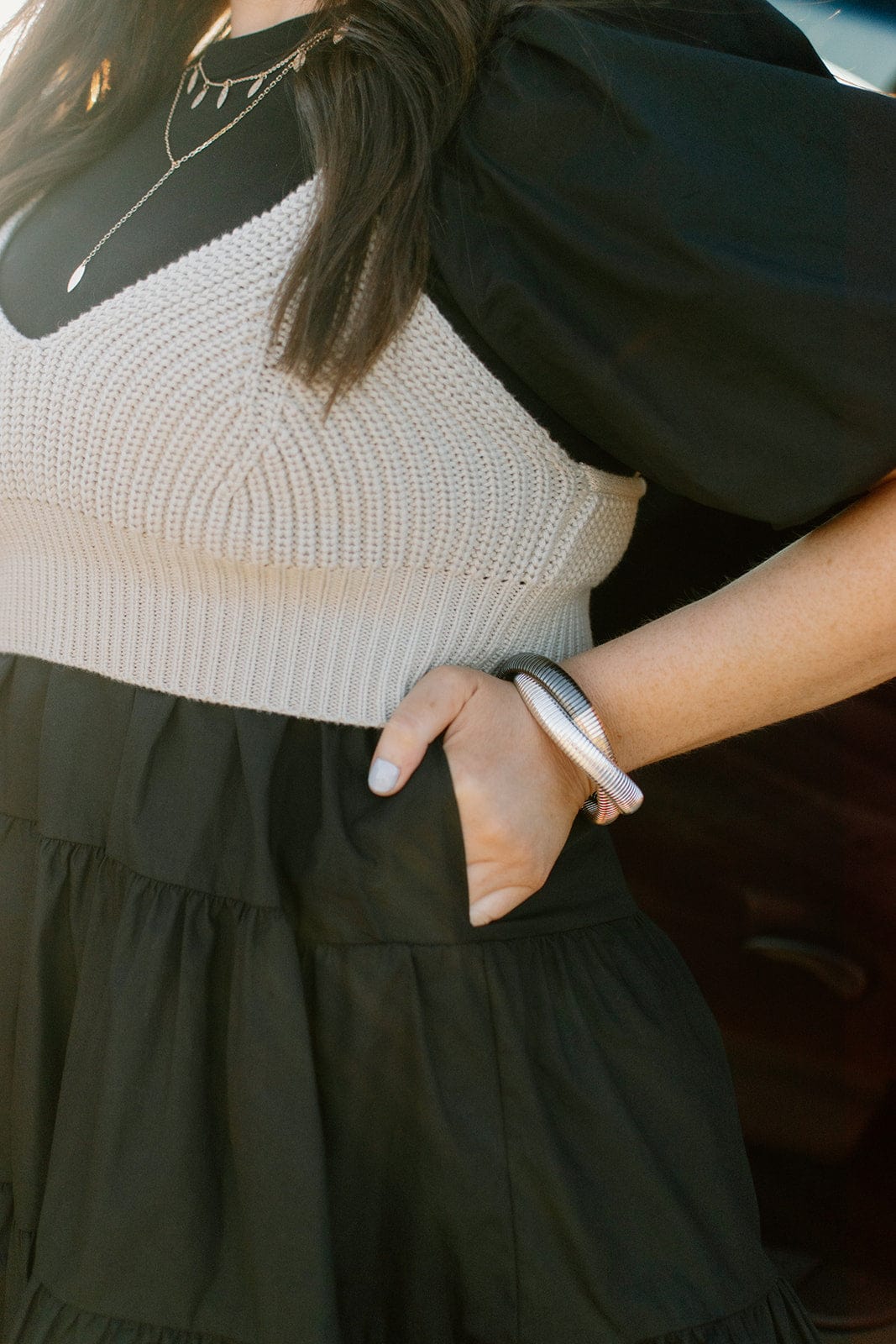 Tiered Mini Dress with Black Knit Detail