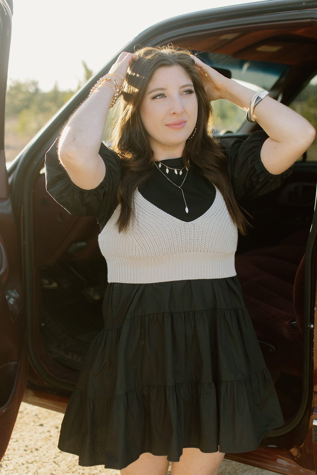 Tiered Mini Dress with Black Knit Detail