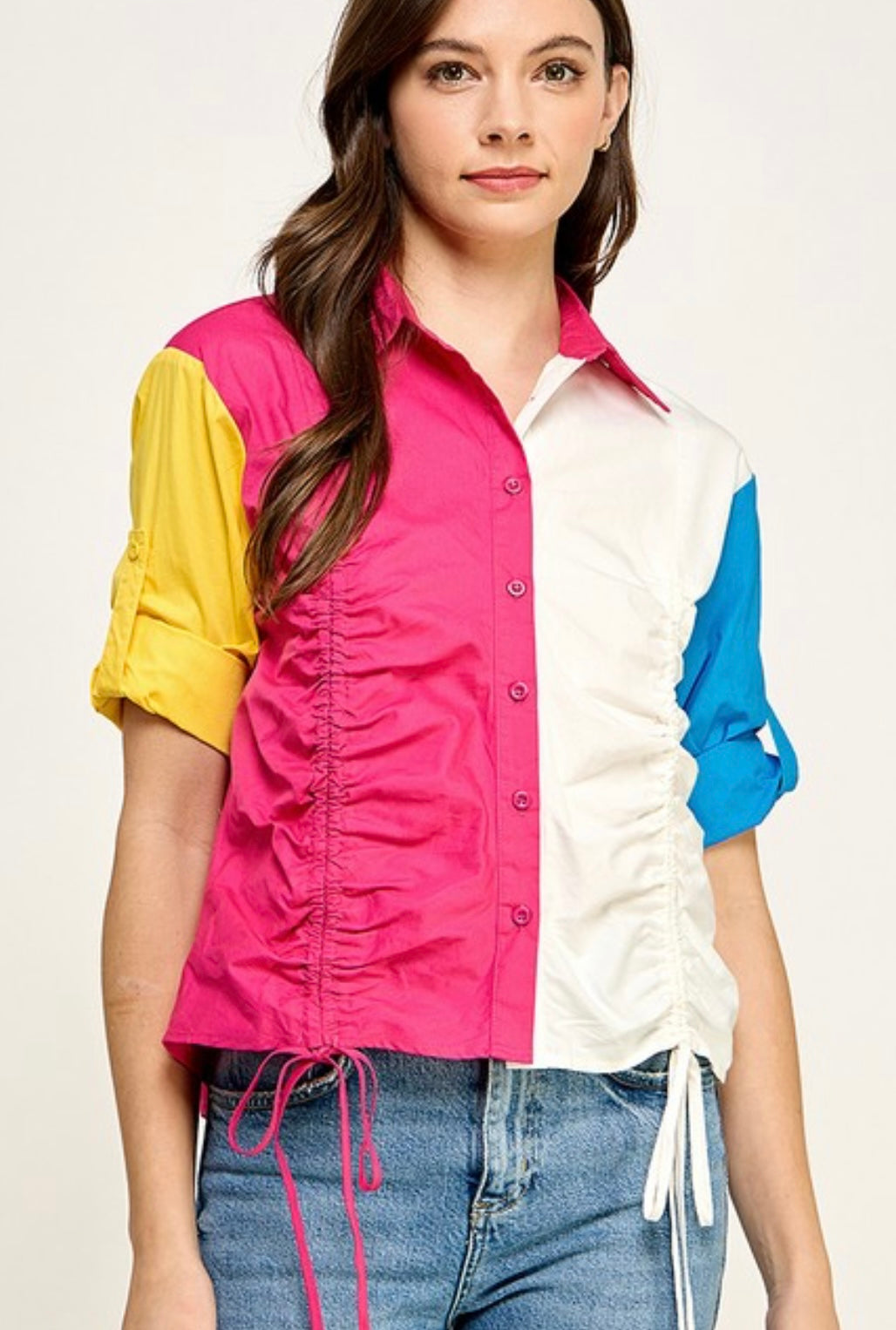 TX7483 3Q Silver Button Down Front Drawstring Color Block Shirt