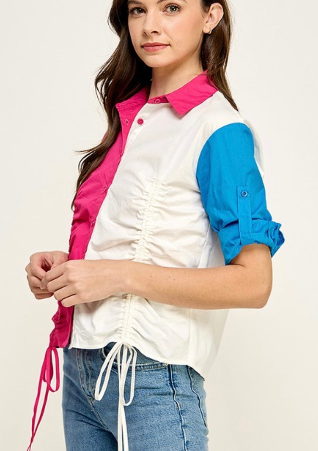 TX7483 3Q Silver Button Down Front Drawstring Color Block Shirt