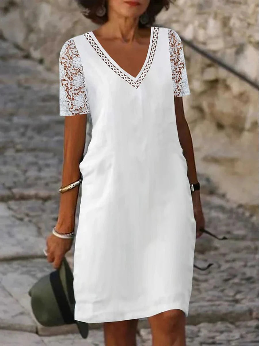 V-Neck Lace Hollow Shift Dress Leopard Print White